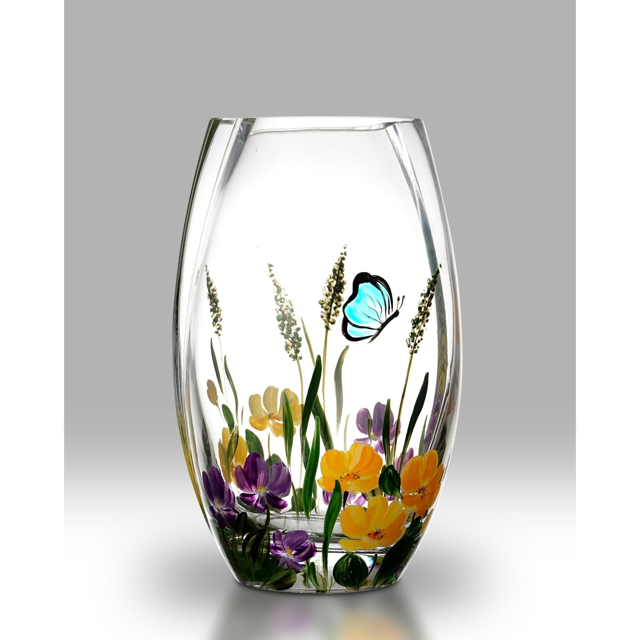 Rounded Glass Vase with Hand-Painted Butterflies and Colourful Meadow Flowers