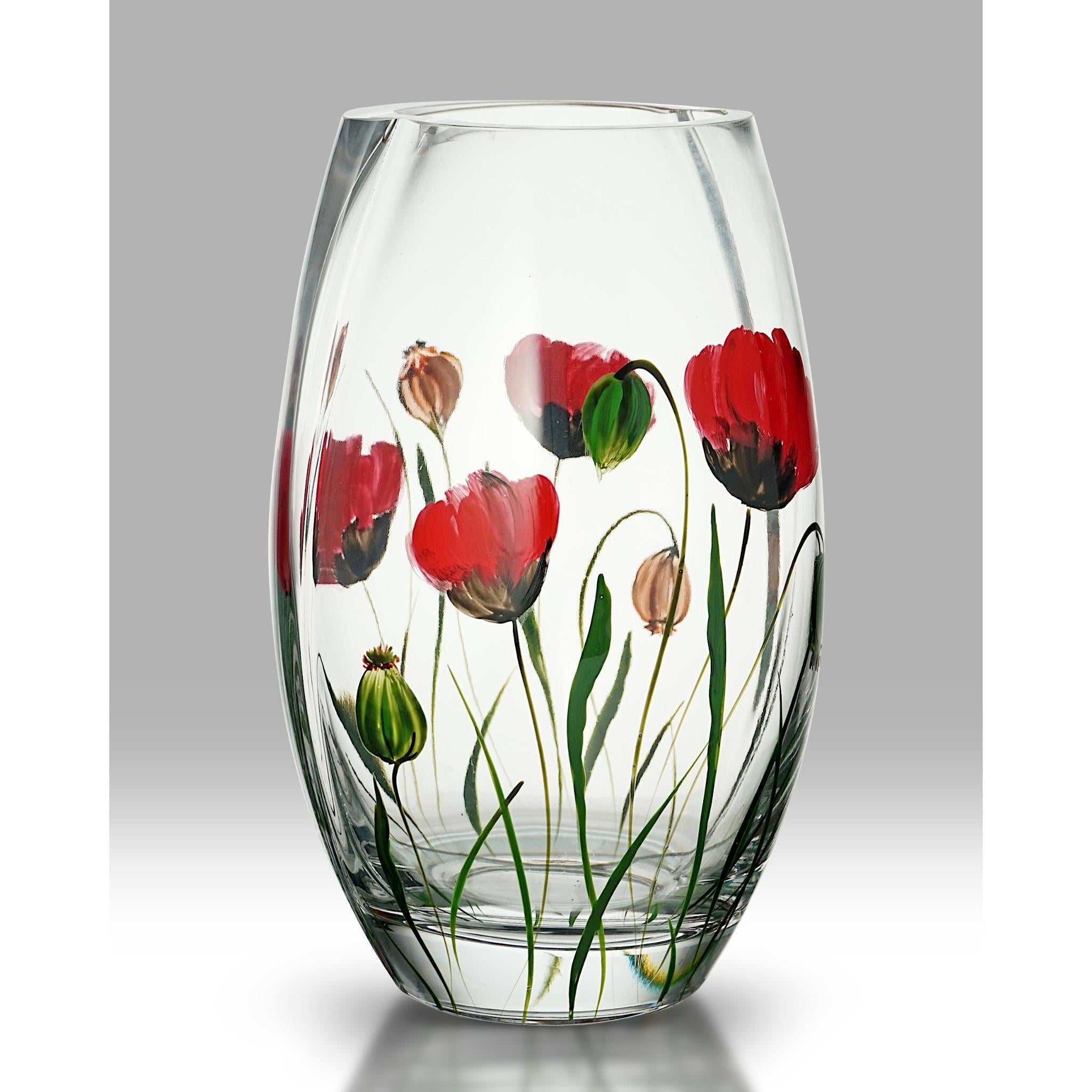 Artisan Rounded Glass Vase with Bold Red Poppies and Seedhead Detailing