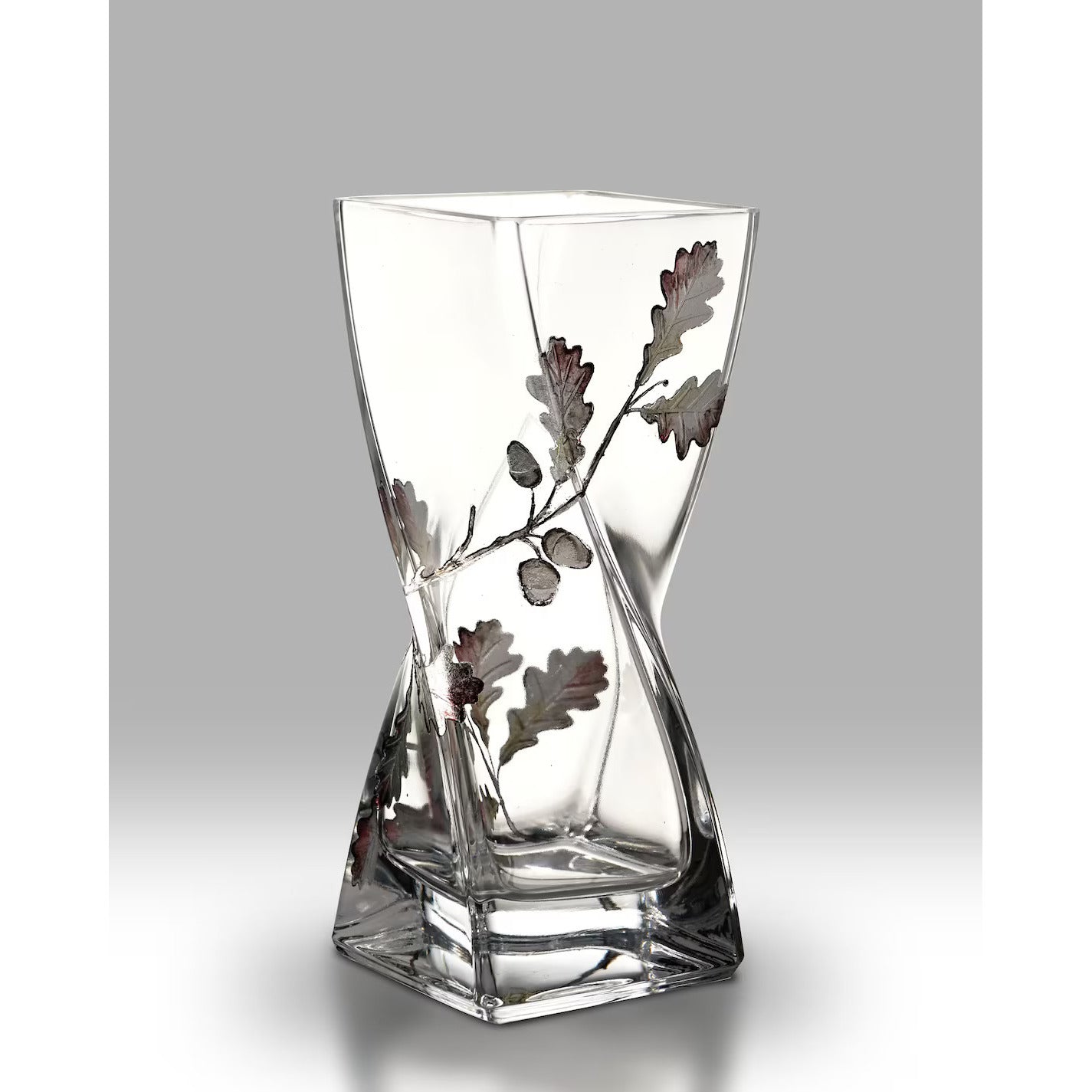 Silver Oak Leaf and Acorns Design Twist Glass Vase