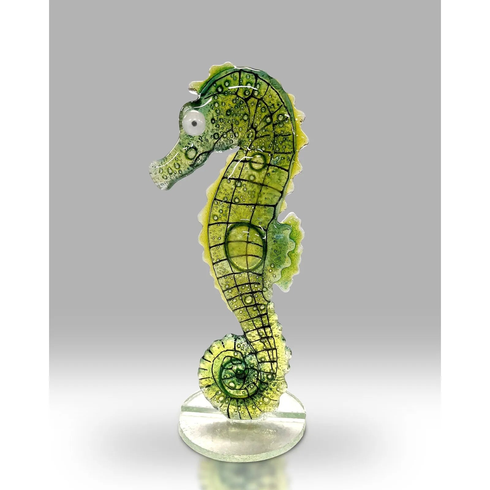 Handmade Fused Glass Green Seahorse Sculpture on Clear Base