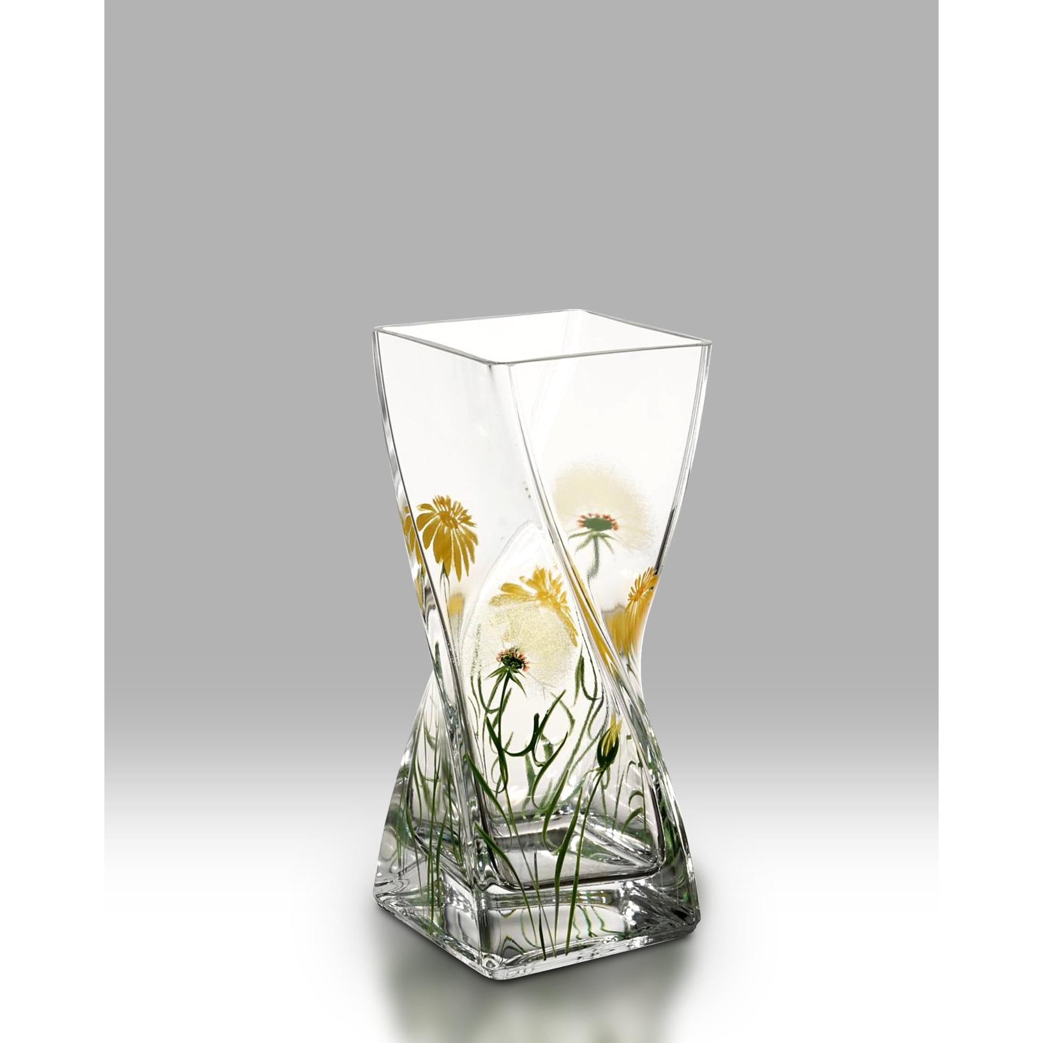 Artisan Clear Glass Twist Vase with Yellow Dandelion Motif