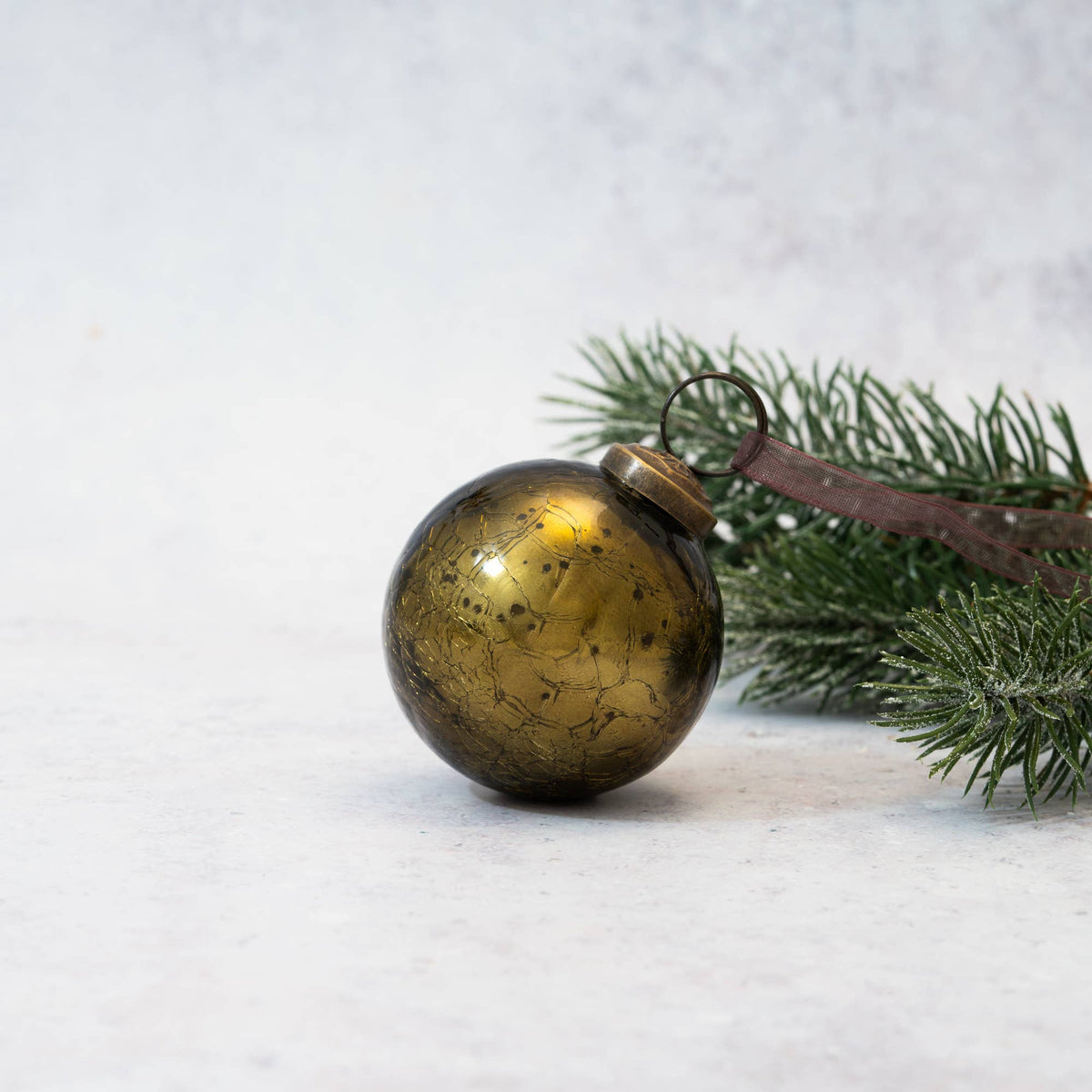 Olive Green Crackle Handmade Glass Christmas Bauble