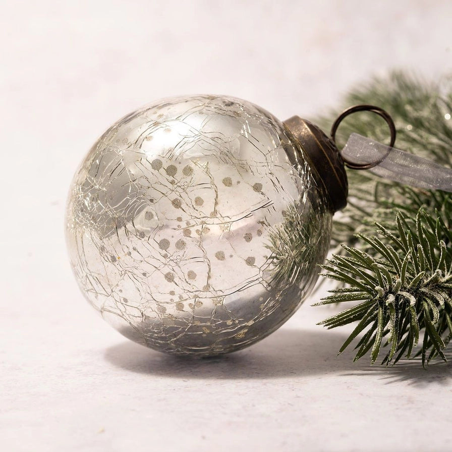 3" Large Silver Crackle Glass Christmas Tree Bauble Ornament