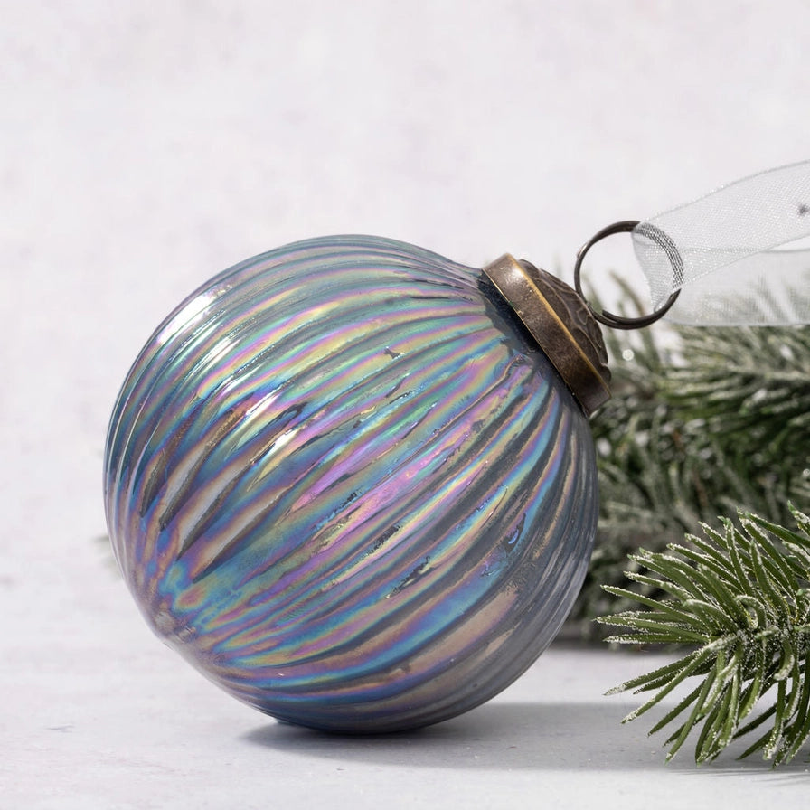 3" Slate Rainbow Glass Ribbed Ball Christmas Tree Hanging