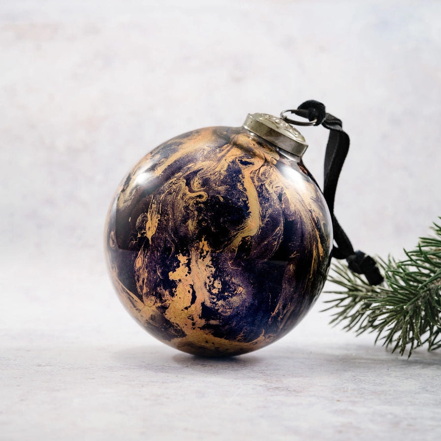 4" Black Marble Glass Hanging Bauble