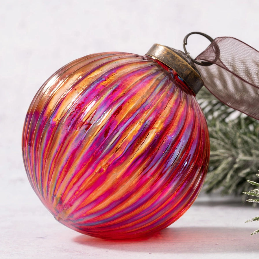 4" Extra Large Red Rainbow Glass Ribbed Ball Hanging