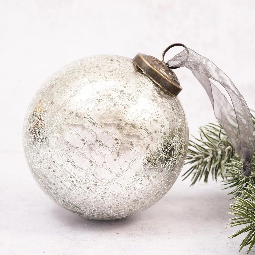 4" Extra Large Silver Crackle Glass Christmas Tree Bauble