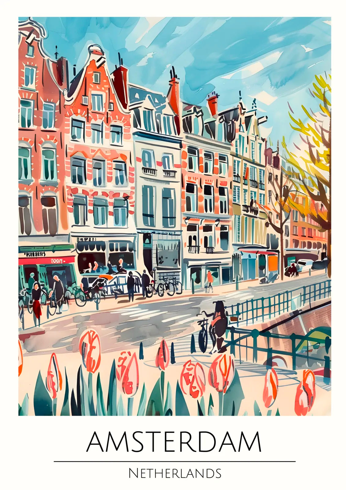 Amsterdam Street Scene with Tulips Impressionist Art Print 3