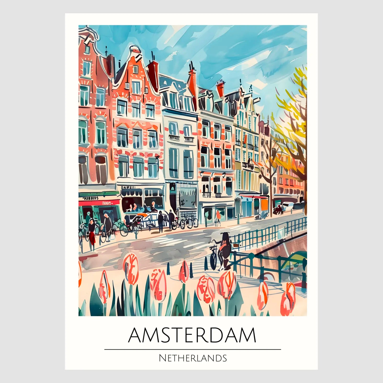 Amsterdam Street Scene with Tulips Impressionist Art Print 1