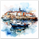 Watercolour painting of a serene harbour with boats and colourful buildings.