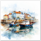 Watercolour painting of a coastal village with moored boats.