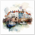 Watercolour painting of a coastal village with colourful cottages and boats in a harbour.