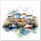 Watercolour painting of a coastal village with houses and fishing boats in a harbour.