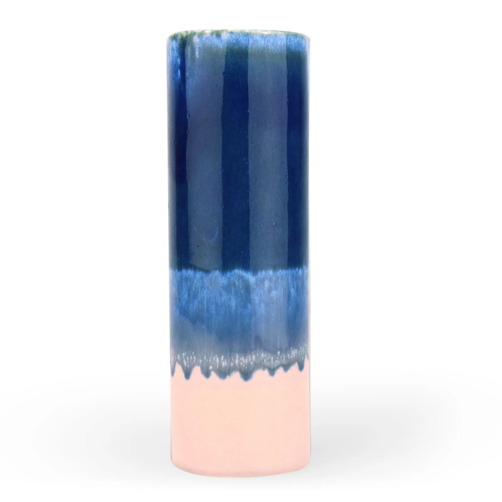 Handmade Porcelain Tube Vase – Beige, Dark Blue & Denim Blue Drip Glaze