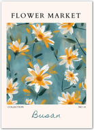 Busan Daisies Art Print – Painterly Coastal Blooms in Teal and Gold
