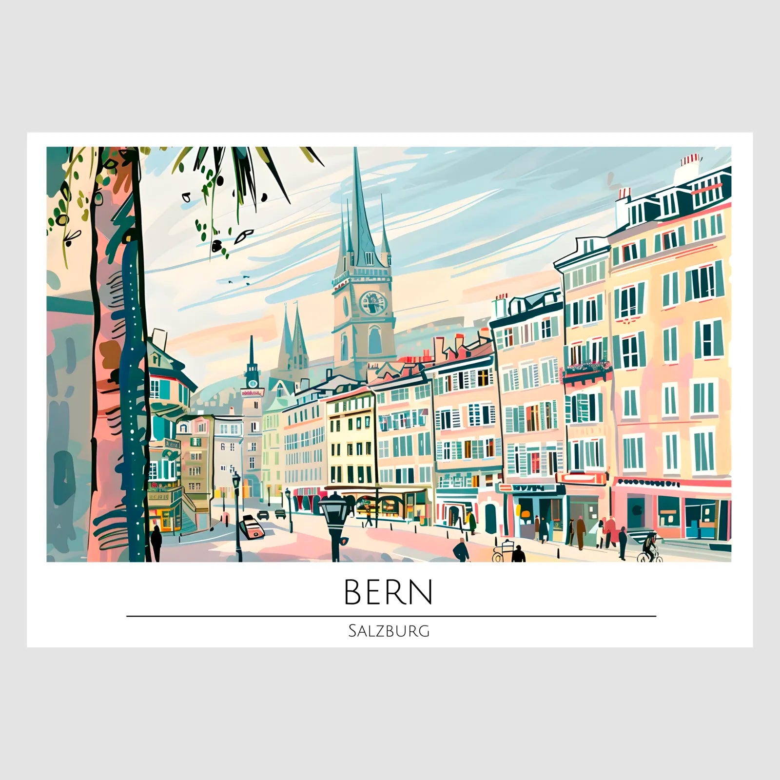 Charming Bern Street Scene with Church Spire Art Print 1