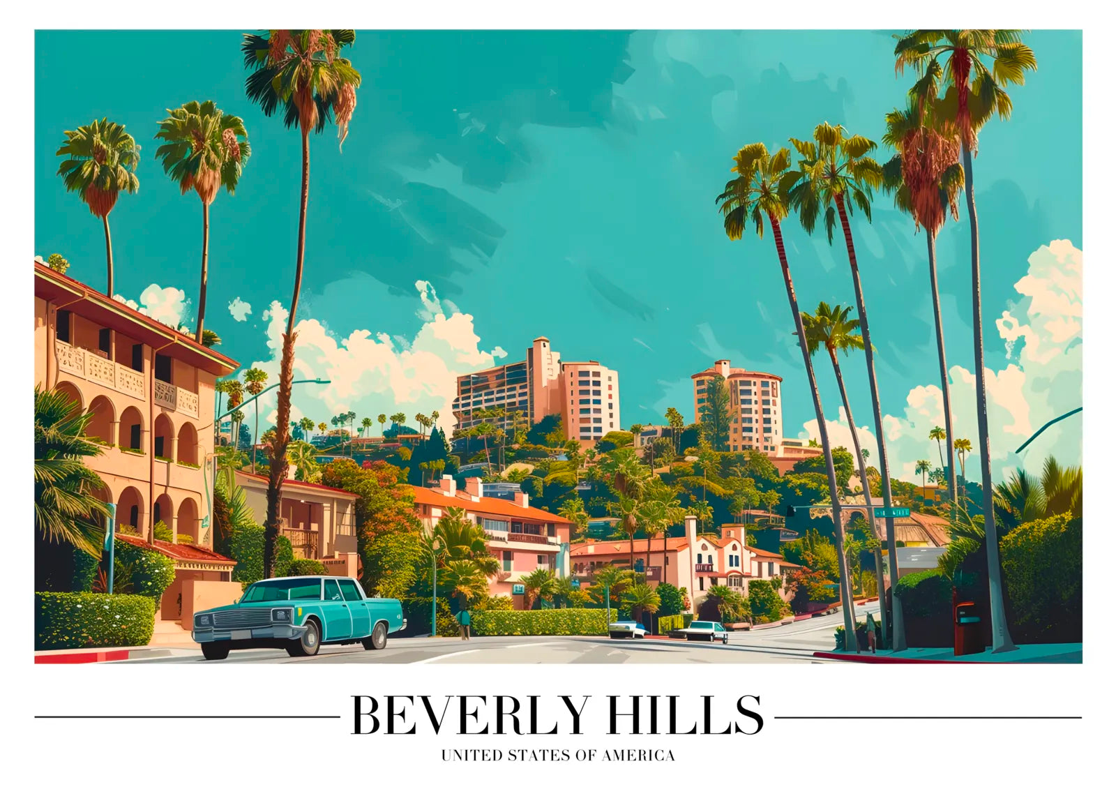 Beverly Hills Art Print with Retro Cars and Palm-Lined Road 3