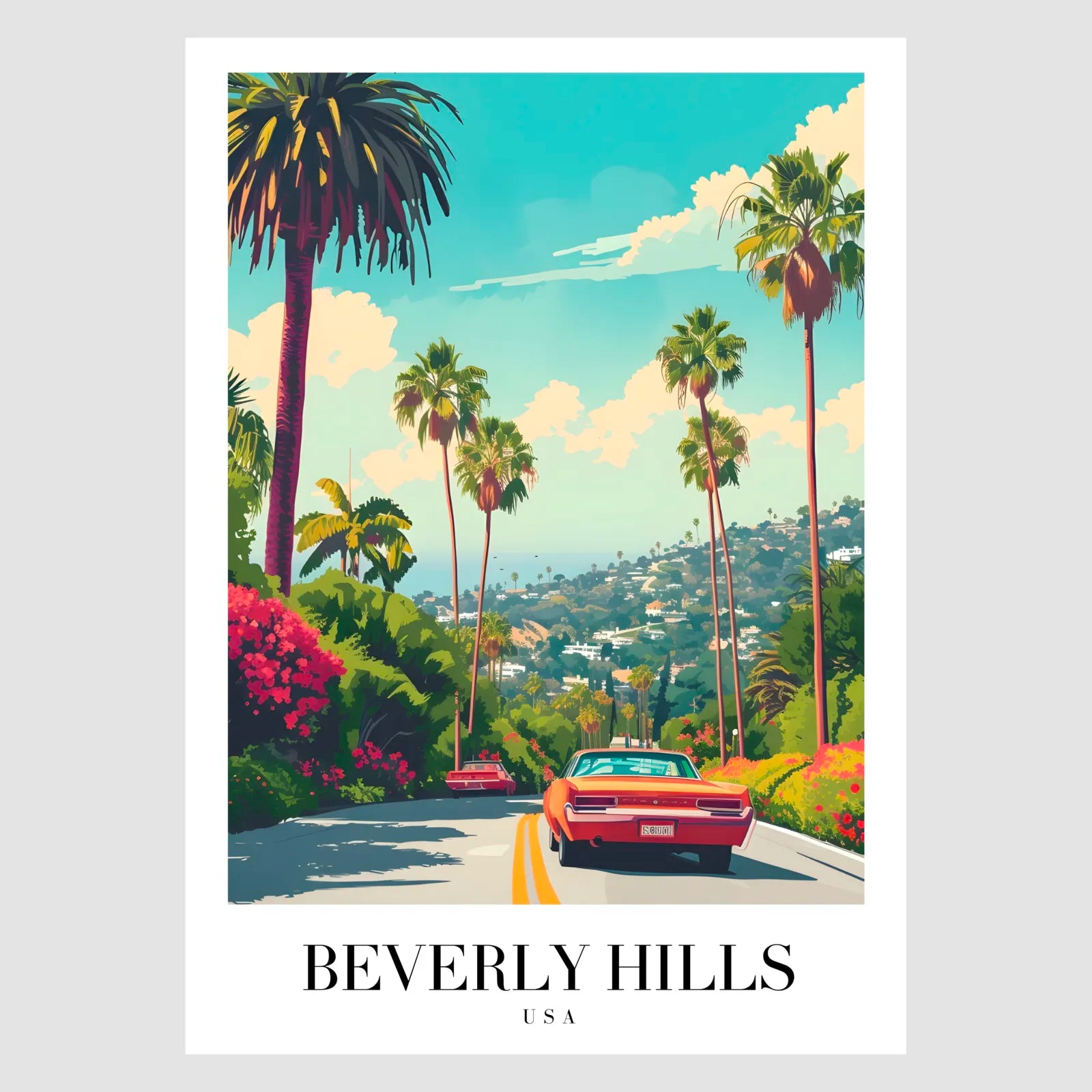 Retro Beverly Hills Art Print With Classic Cars And Palms 1