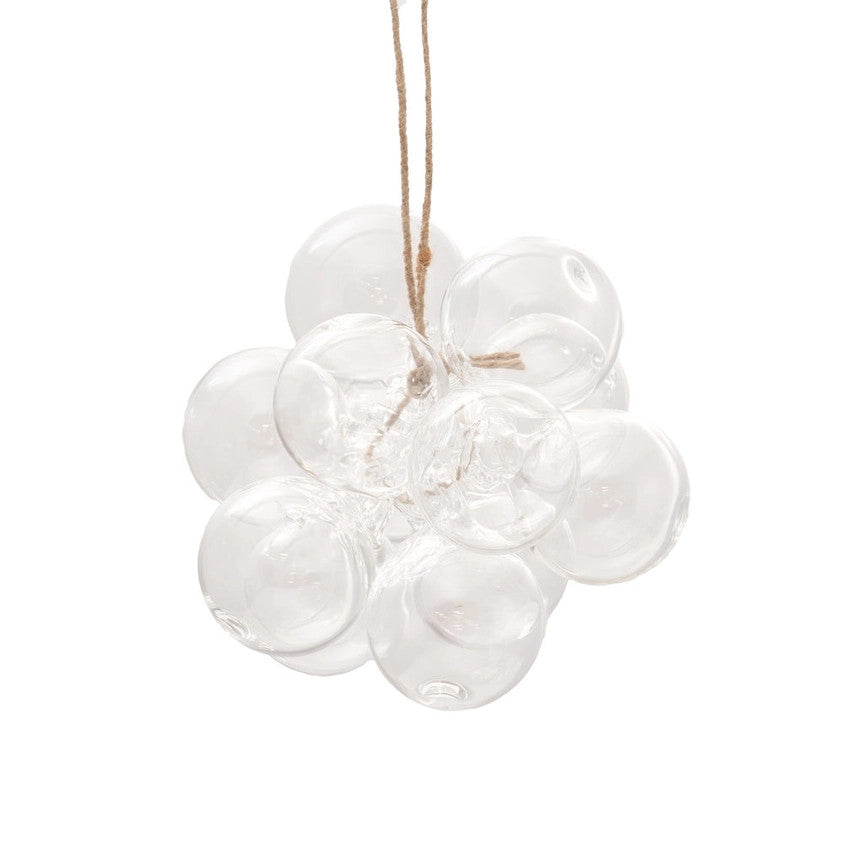 A cluster of clear glass bubble ornaments hanging from a natural jute string, shown against a solid white background.