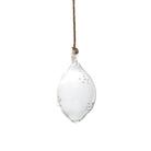 A clear glass teardrop-shaped hanging ornament with small metallic silver dots and a brown hanging string, shown against a solid white background.