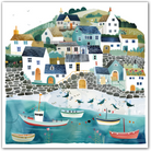 Artwork of a coastal village with houses, boats on water, and flying birds.