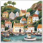 Illustration of a coastal village with houses and boats in a harbour.