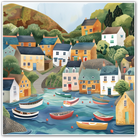 Colourful illustration of a coastal village with boats in the water and cottages on a hillside.