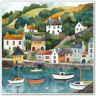Charming coastal village with cottages, boats, and rolling hills in vibrant colours.