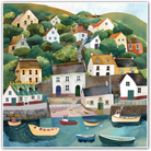 Artwork of a coastal village with colourful houses on a hill and boats in the harbour.