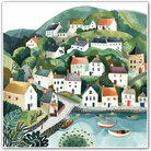 Art print depicting a charming coastal village with houses, hills, and boats in a harbour.