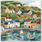 Art print of a colourful coastal village with houses and boats in a harbour.