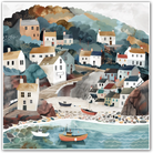 Art print of a coastal village with houses, boats, and soft pastel colours.