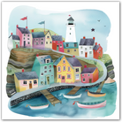 Colourful coastal village art print with lighthouse and boats.