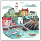 Watercolour painting of a coastal village with lighthouse, colourful houses, and boats in the harbour.