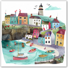Colourful coastal village with boats, lighthouse, and cottages.
