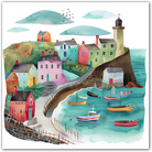 Illustration of a vibrant seaside village with colourful houses and boats in a harbour.