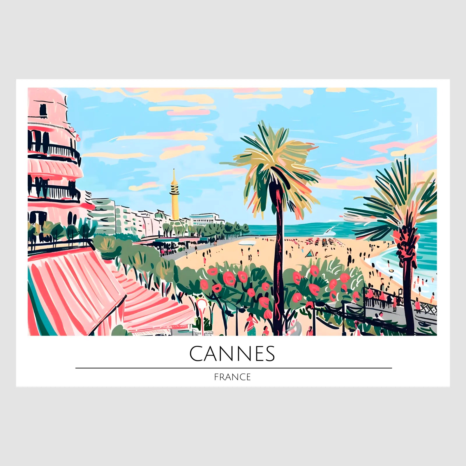 Cannes Beach Scene with Tower View Art Print 1