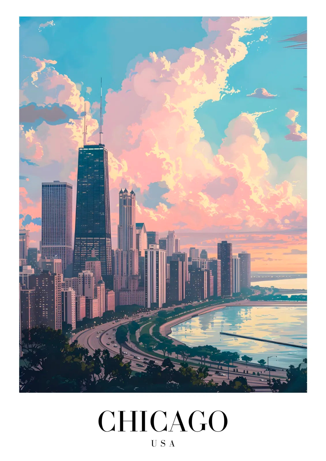 Chicago Skyline Art Print With Lake Michigan At Sunset 3