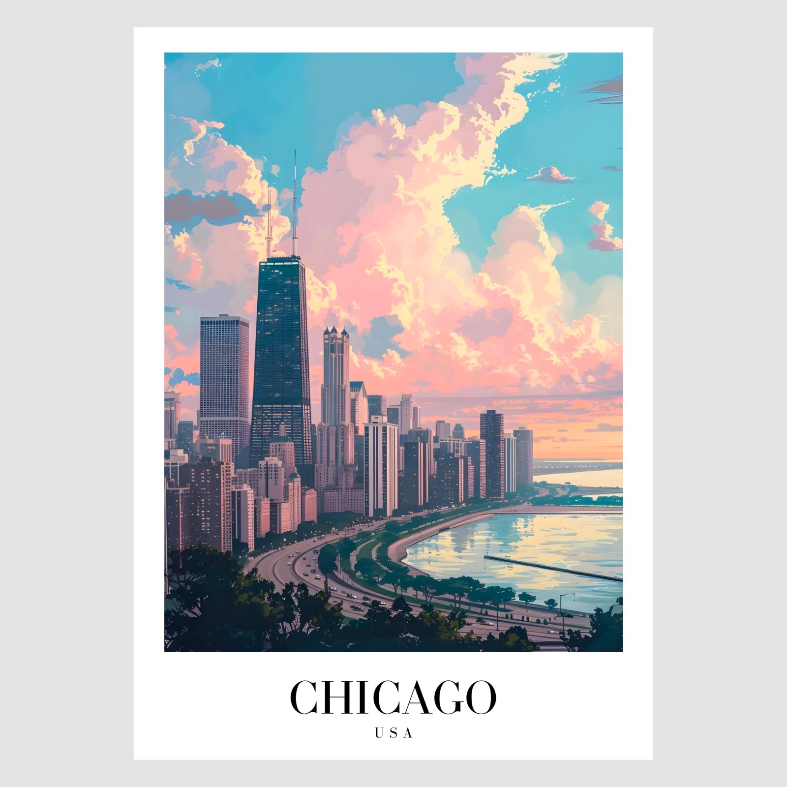 Chicago Skyline Art Print With Lake Michigan At Sunset 1