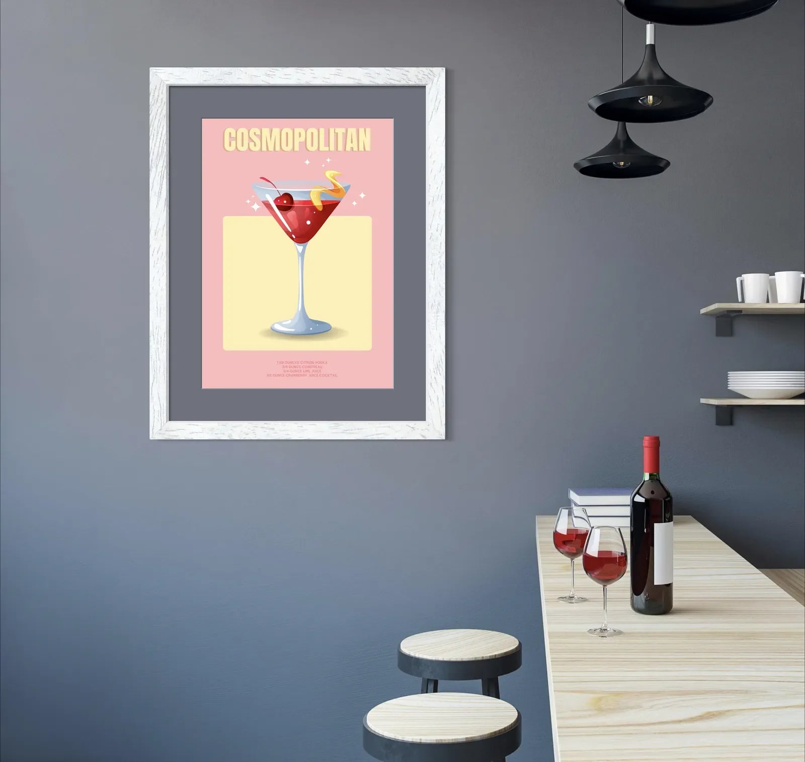 Cosmopolitan Cocktail Art Print – Retro Yellow & Red Bar Decor 2