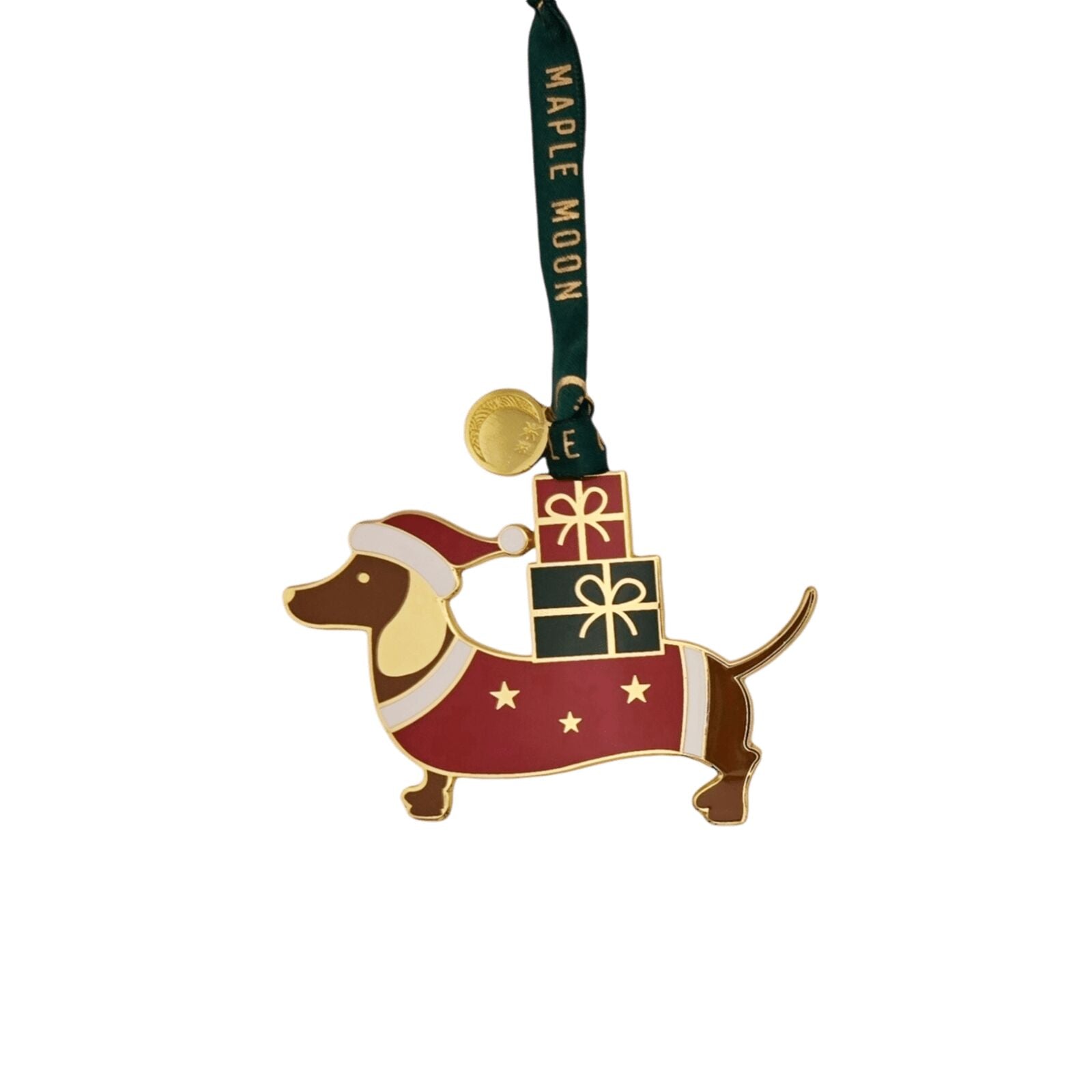 Gold Enamel Dachshund with Presents Christmas Tree Decoration
