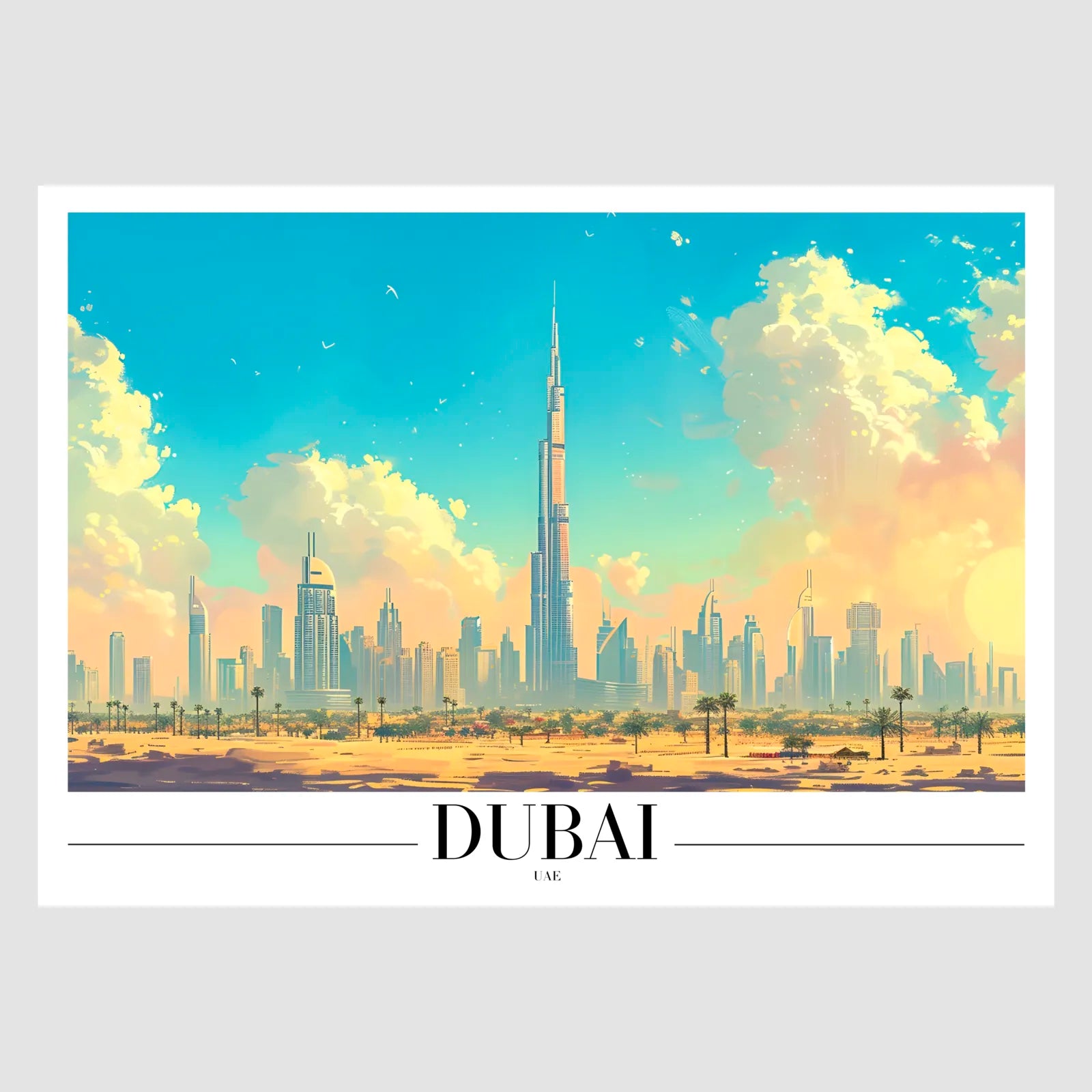 Dubai Skyline Art Print with Desert and Burj Khalifa 1