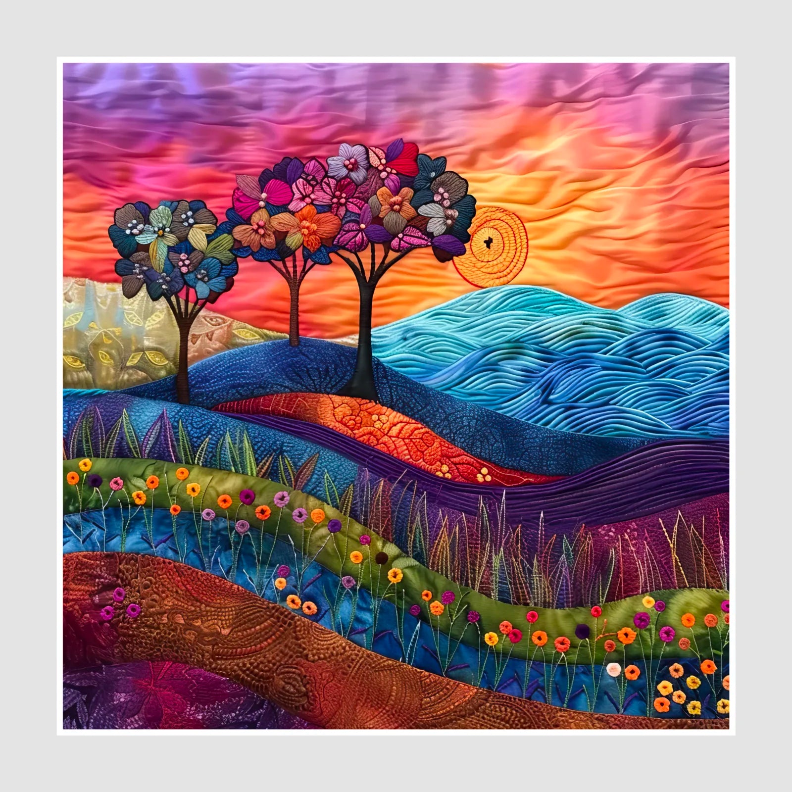 Vibrant Hills and Trees Embroidered Art Print 1