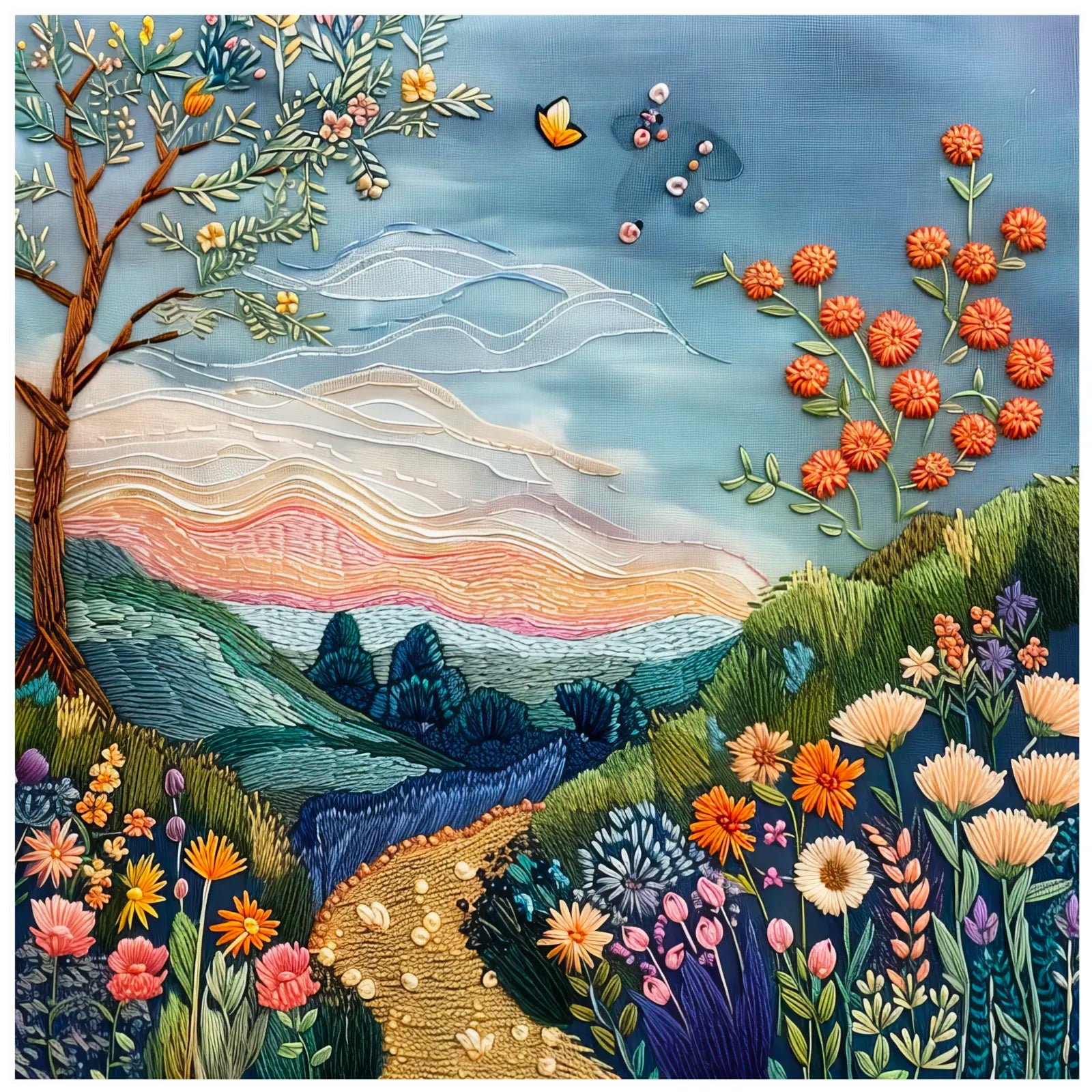 Summer Meadow Path Embroidered Landscape Art Print 3