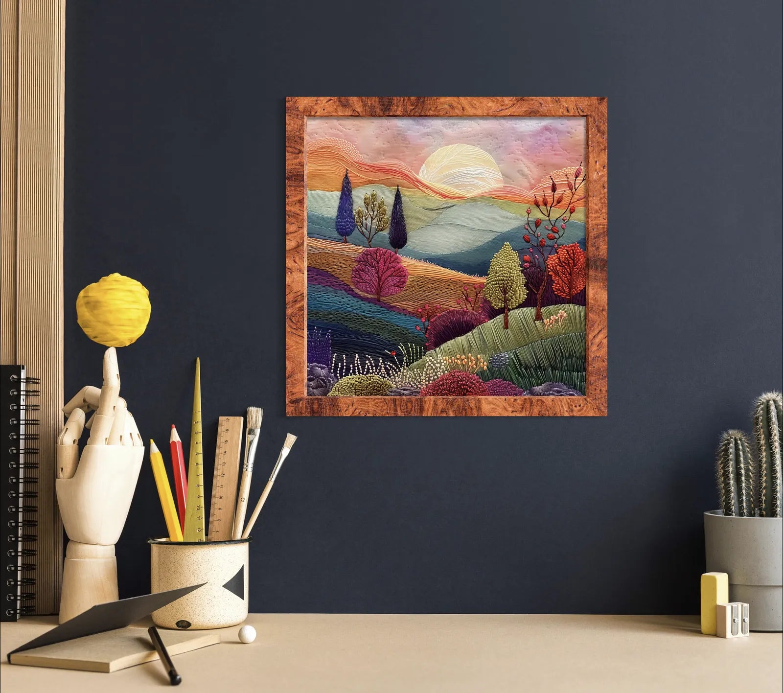 Pastel Sunrise Hills Embroidered Landscape Art Print 2