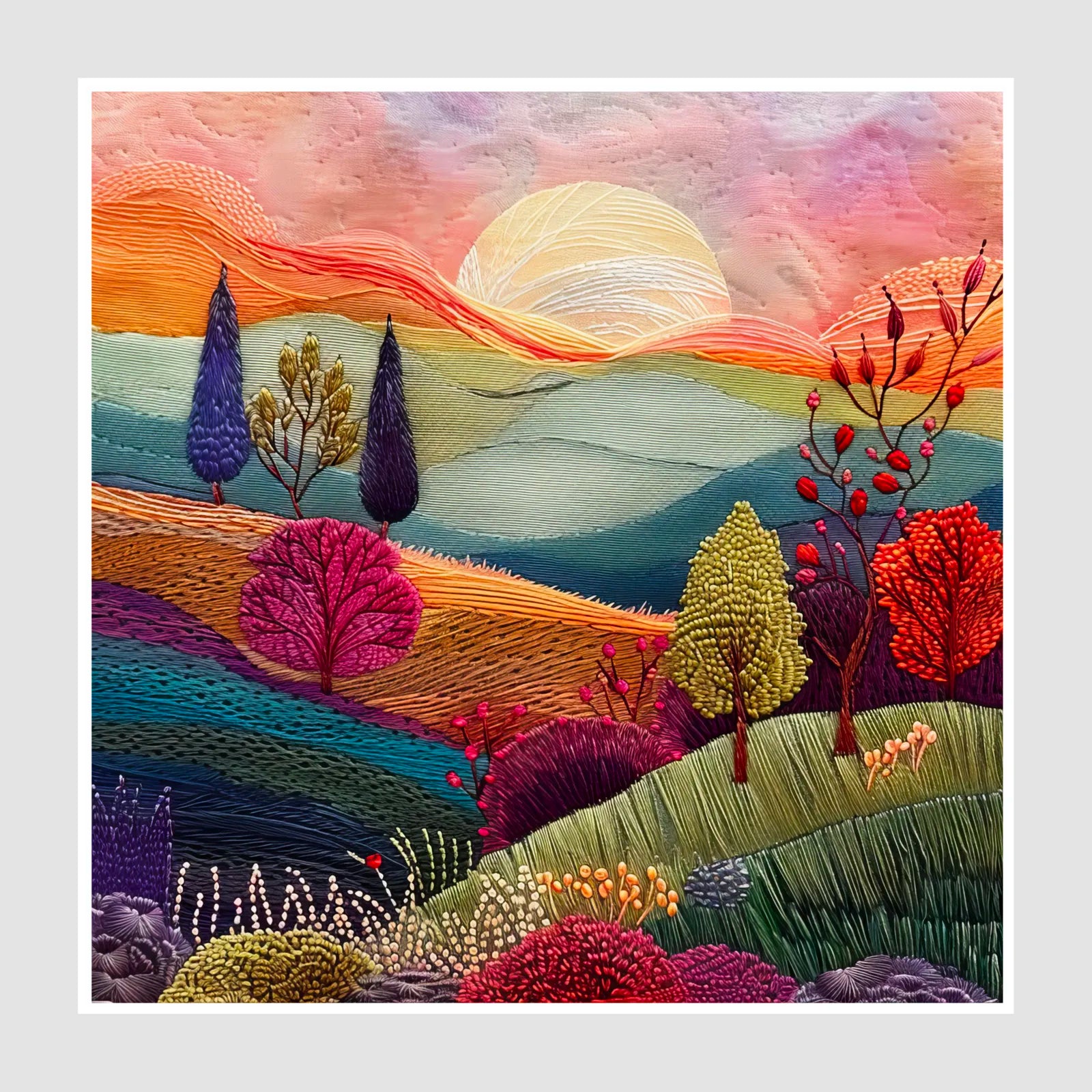 Pastel Sunrise Hills Embroidered Landscape Art Print 1