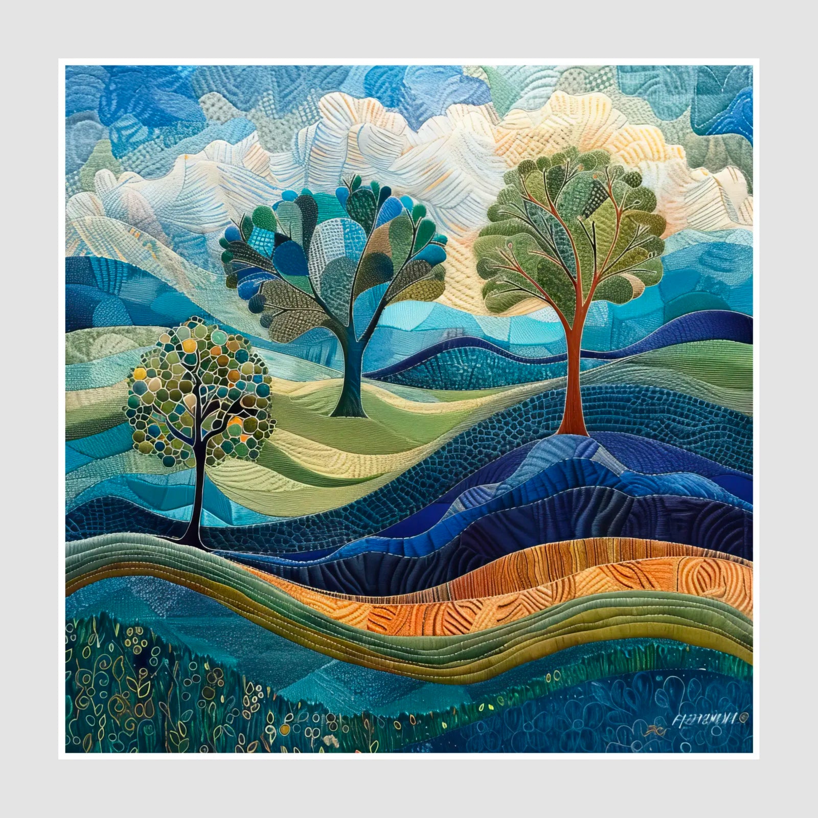 Mosaic Tree Hills Embroidered Art Print 1