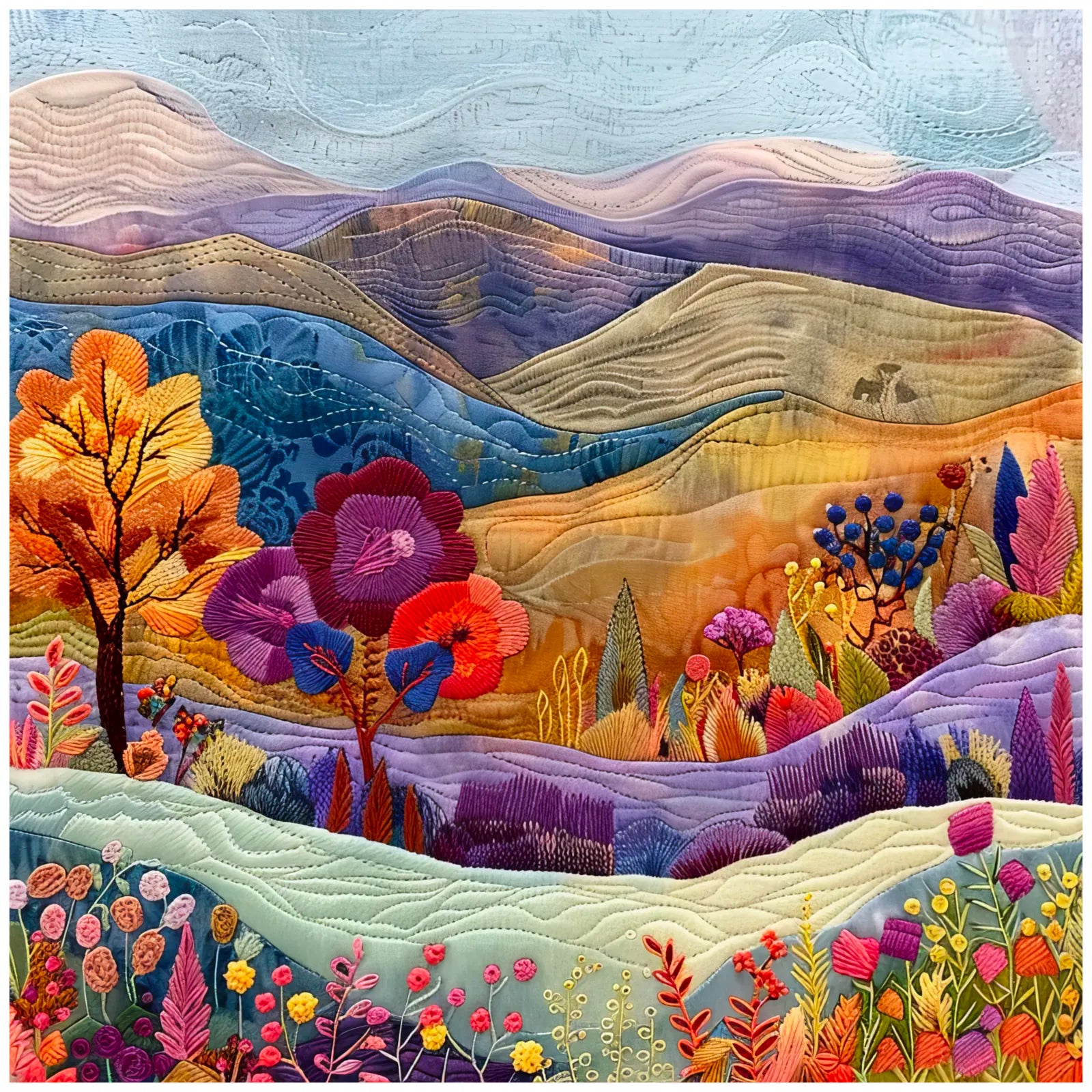 Colourful Hillside Embroidered Landscape Art Print 3