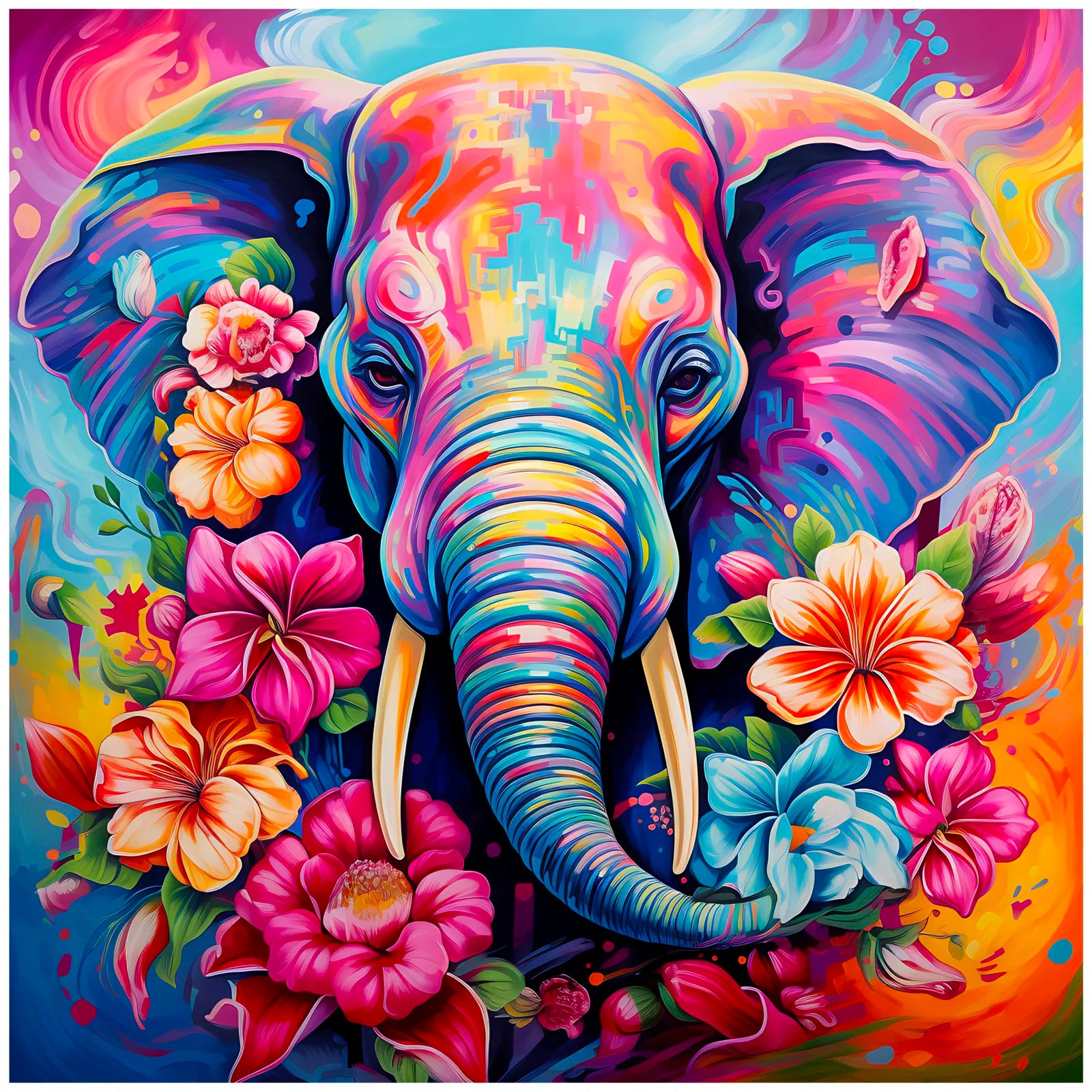 Bright Flower Power Elephant Digital Art Print 3