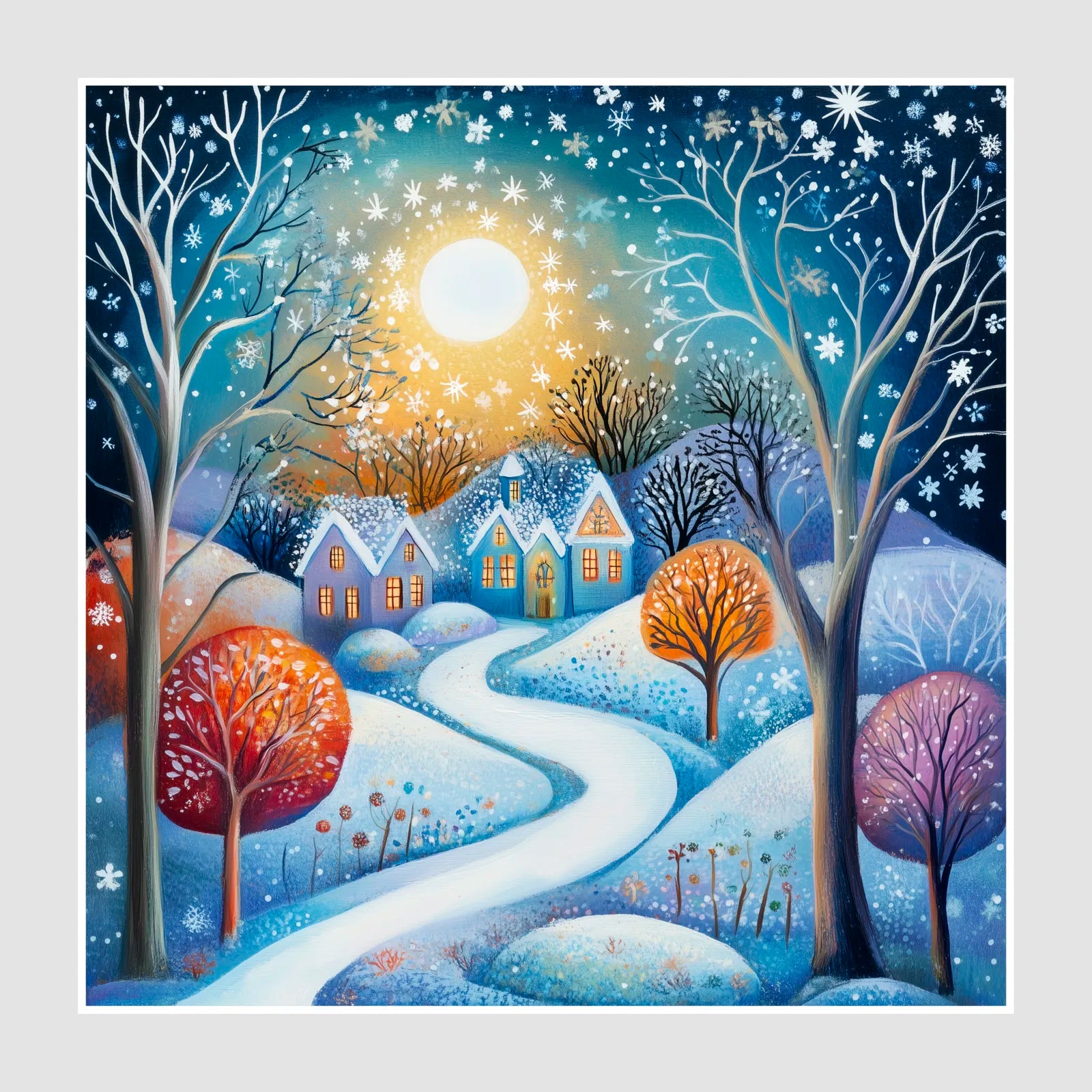 Winter Lane to House Art Print Enchanted Sunset Scene 1